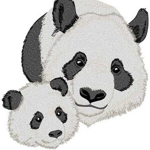 May include: A black and white panda bear with a smaller panda cub. The panda bear is looking at the viewer with a gentle expression. The cub is looking down.
