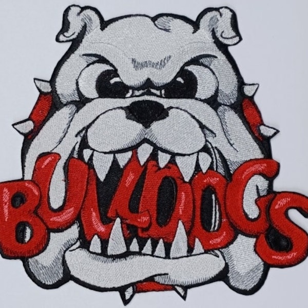 Bulldogs Bulldog Mascot White/Red Embroidered Patch Large 7" wide by 6-3/4" tall Free USA Shipping