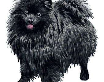 Naszywka z wizerunkiem psa rasy pomeranian lub szpic niemiecki, czarna, haftowana na całym ciele, dostępna w rozmiarach 2", 3" i 4"