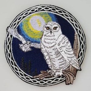 Snowy Owls, Birds of Prey, Celtic Embroidered Patch 3.9&quot; x 3.9&quot;
