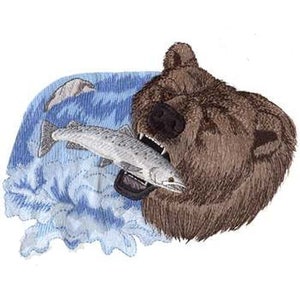 Op de afbeelding: Een bruine beer met zijn bek open, die een zilveren vis vangt in een blauwe en witte waterscène.