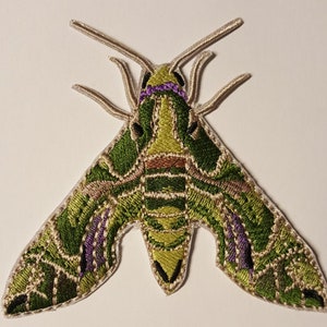 May include: Green, brown, and purple embroidered moth patch with a white border.