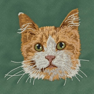 May include: Embroidered image of a ginger cat with white markings on its face. The cat has green eyes and is looking directly at the viewer.