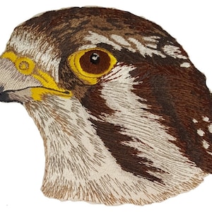 May include: Embroidered patch of a brown and white falcon head with a yellow eye.