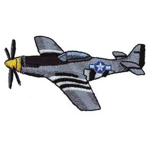 May include: An embroidered patch of a World War II era P-51 Mustang fighter plane in grey and black with a blue and white star on the side.