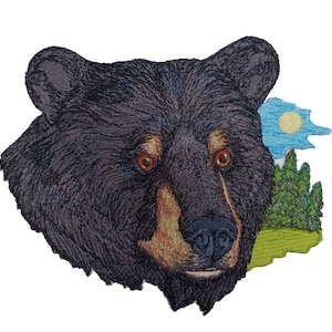 Op de afbeelding: Close-up van het gezicht van een zwarte beer met bruine vacht en oranje ogen. De beer kijkt rechtstreeks naar de kijker. De achtergrond is een wazig beeld van een bos en een blauwe lucht met een witte zon.