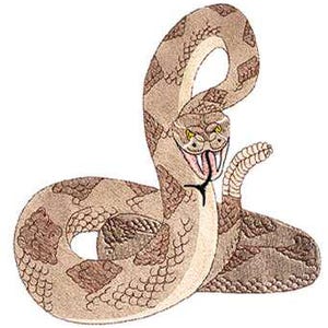 May include: Illustration of a coiled rattlesnake with a raised head and open mouth, revealing fangs. The snake has a tan and brown pattern, with a detailed scale design. The background is plain white.