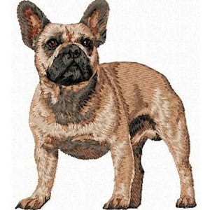 May include: An embroidered patch featuring a tan French Bulldog with a dark brown muzzle and ears. The dog is standing in a profile view, showcasing detailed stitching that captures the texture of its fur and its distinct facial features.