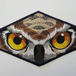 May include: Close-up of an embroidered owl patch with large yellow eyes. The patch is shaped like a diamond and has a dark blue border.