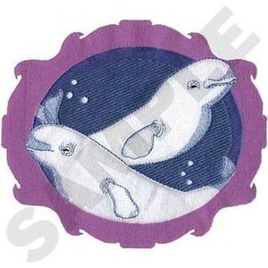 May include: An embroidered design featuring two white beluga whales swimming in a blue oval. The oval is set against a purple scalloped background. The whales have detailed features and are surrounded by small white dots.