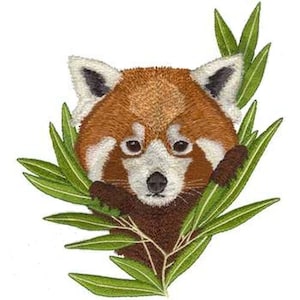 May include: A red panda with a white face peeks out from behind green bamboo leaves. The panda has a fluffy red and brown coat and a black nose.