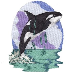May include: An embroidered patch featuring a black and white orca whale jumping out of the water. The orca is surrounded by a blue and purple background with green water droplets.