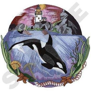 May include: A round, embroidered design featuring a black and white orca swimming in a blue ocean with a lighthouse on a rocky island in the background. The design is surrounded by seaweed and other ocean-themed elements.