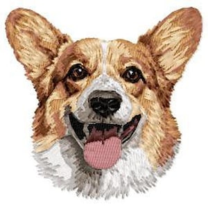 May include: A detailed embroidered image of a Corgi dog's face. The dog has brown and white fur, with large, upright ears. Its mouth is open, revealing a pink tongue. The image is set against a white background.