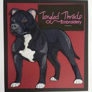 May include: Embroidered patch of a black and white Staffordshire Bull Terrier dog standing on a red background. The patch has the text "Tangled Threads Embroidery" in pink.