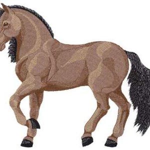 May include: An illustration of a brown horse with a black mane and tail. The horse is shown in profile, with its legs in a walking stance. The artwork has a textured look, possibly a digital painting or embroidery.