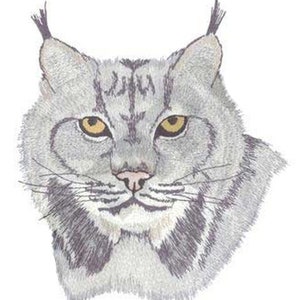 May include: A close-up of a lynx's face. The lynx has large, pointed ears, bright yellow eyes, and a white and gray coat.