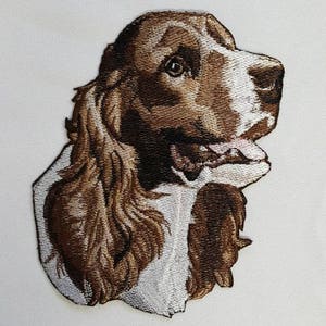 Puede incluir: Parche bordado de un perro Springer Spaniel marrón y blanco con la cabeza girada hacia un lado. El perro tiene una mancha blanca en el pecho y una raya blanca en la cara.