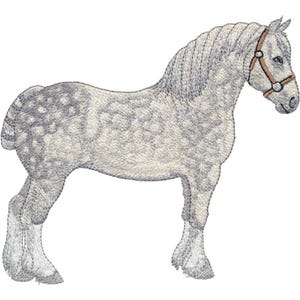 May include: An embroidered image of a grey horse with a brown bridle. The horse has a light grey mane and tail, and its body is covered in a pattern of darker grey spots. The horse is standing in profile, facing right.