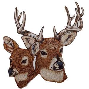 May include: Embroidered patch featuring two deer heads. The larger deer has prominent antlers with a detailed, textured appearance. The patch uses shades of brown, tan, and white, creating a realistic depiction of the animals against a white background.