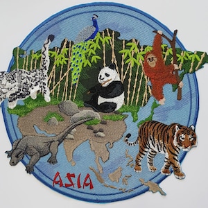 Parche bordado de tigre asiático, panda, pavo real, orangután, leopardo de las nieves, dragón de Komodo