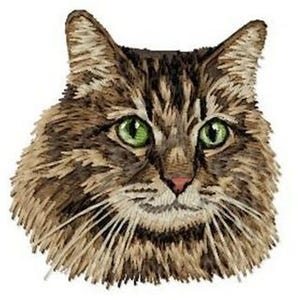 May include: Embroidered image of a cat's face. The cat has brown and tan fur with green eyes and a pink nose. The cat's whiskers are long and white. The image is on a white background.