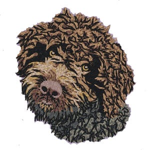 May include: A detailed illustration of a dog's face, featuring a fluffy, textured coat in shades of brown, black, and tan. The dog has a light brown nose and expressive yellow eyes. The artwork is set against a white background.