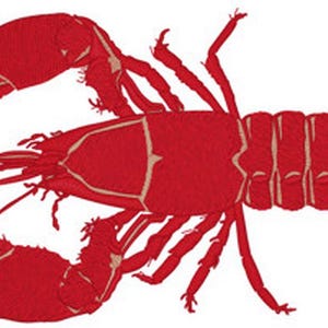 May include: A vibrant red lobster embroidery design featuring detailed stitching. The crustacean is depicted from a top-down perspective with two large front claws, multiple walking legs, a segmented body, and a wide tail fan, all outlined in a light tan thread.