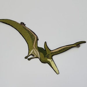 Może przedstawiać: Zielony haftowany naszywka przedstawiająca pterodaktyla z długim, ostrym dziobem. Naszywka jest przeznaczona do przyszycia do tkaniny.