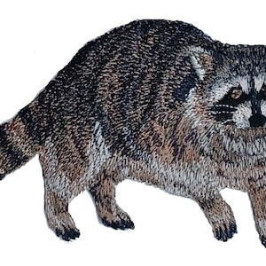 Pode incluir: Etiqueta bordada de um guaxinim com um padrão de pêlo castanho, preto e branco. O guaxinim está virado para a frente com a cabeça ligeiramente inclinada. A etiqueta é adequada para costurar em roupas, malas ou outros artigos de tecido.