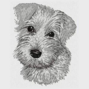 May include: A detailed grayscale illustration of a dog's head, likely a terrier mix, with a fluffy, textured coat. The dog has dark eyes and a black nose, with the fur rendered in varying shades of gray.