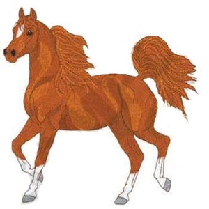 以下が含まれることがあります： トロットのポーズの茶色の馬の詳細なイラスト。馬は、たてがみと尾が流れ、脚に白いマークがあり、顔に白いブレイズがあります。アートワークは白い背景に設定されています。