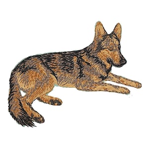 May include: An illustrated depiction of a dog, possibly a German Shepherd, in a resting position. The artwork uses brown and black thread-like textures. The dog's ears are erect, and its tail is slightly curled. The image is set against a white background.