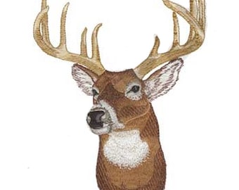 May include: A brown and white deer head with large antlers. The deer's head is facing to the right, and the antlers are spread out.