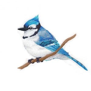 May include: Embroidered blue jay perched on a brown branch. The bird has a blue crest, white chest, and blue wings.