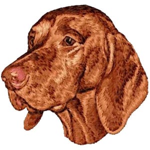 Könnte beinhalten: Gesticktes Bild eines braunen Hundekopfes mit detaillierten Stichen. Der Hund hat eine lange Schnauze, Schlappohren und eine rosa Nase. Das Bild ist vor einem weißen Hintergrund, der die Merkmale des Hundes hervorhebt.