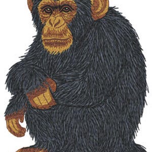 May include: An embroidered patch featuring a chimpanzee with dense black fur and tan-colored skin on its face, ears, hands, and feet. The primate is depicted in a seated position, facing forward with a neutral expression and a long, curved tail.