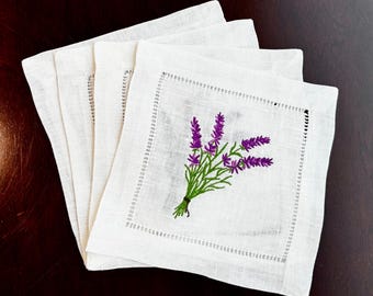 Beautiful Classic Hem Stitched White Linen Lavender Embroidered Cocktail Napkins, Set of 4, Hostess Gift
