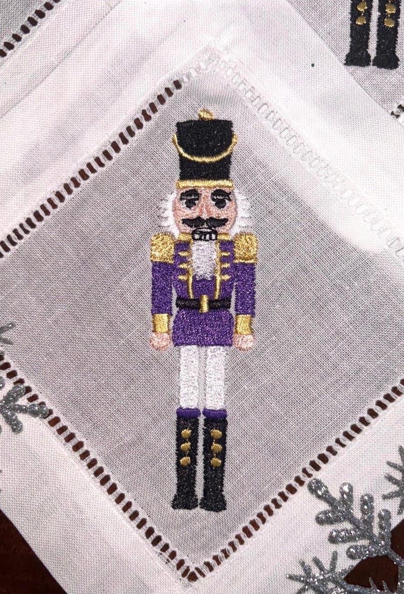 Classic Hem Stitched Nutcracker Embroidered Cocktail Napkins - Thumbnail 3