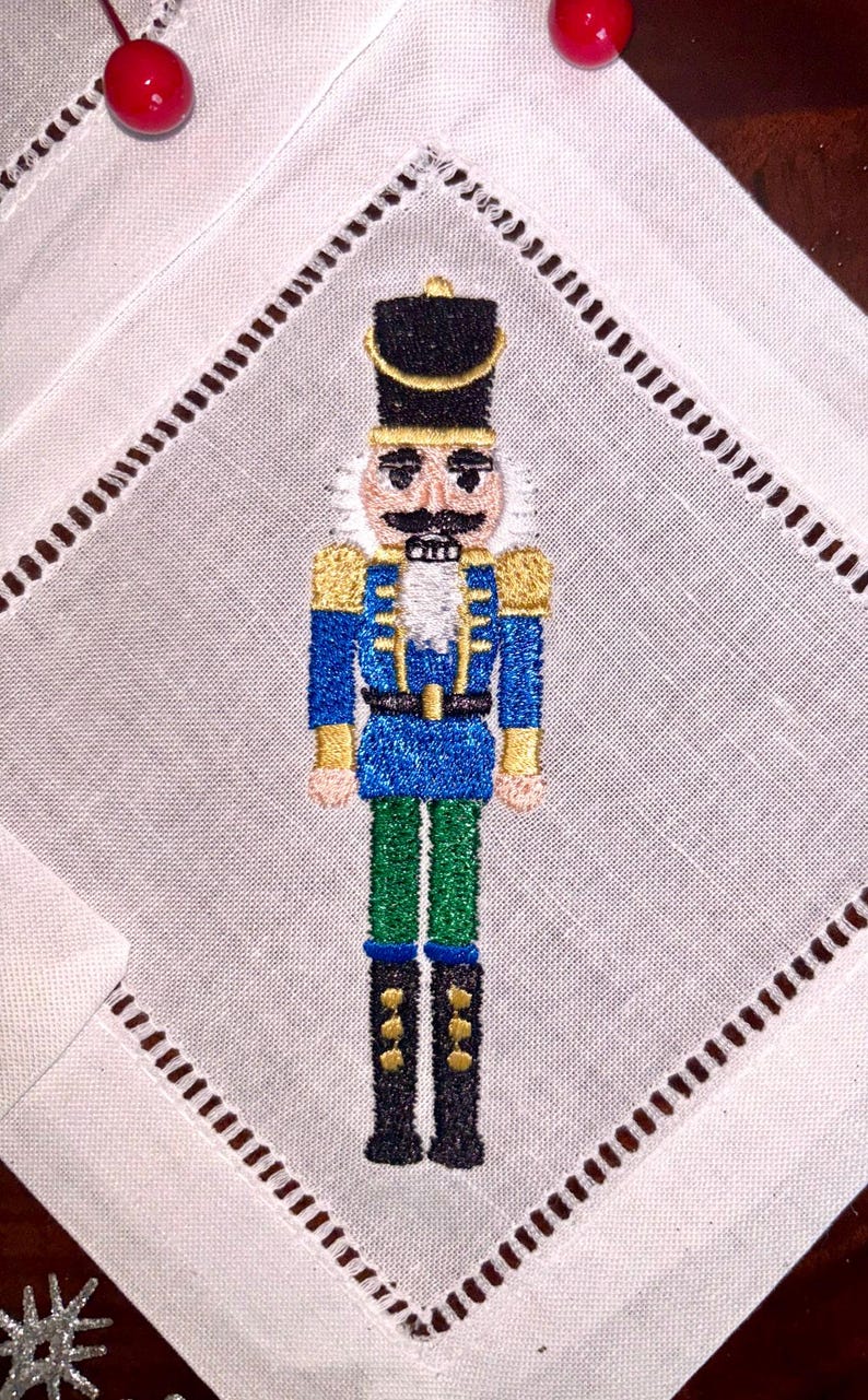 Classic Hem Stitched Nutcracker Embroidered Cocktail Napkins - Thumbnail 2