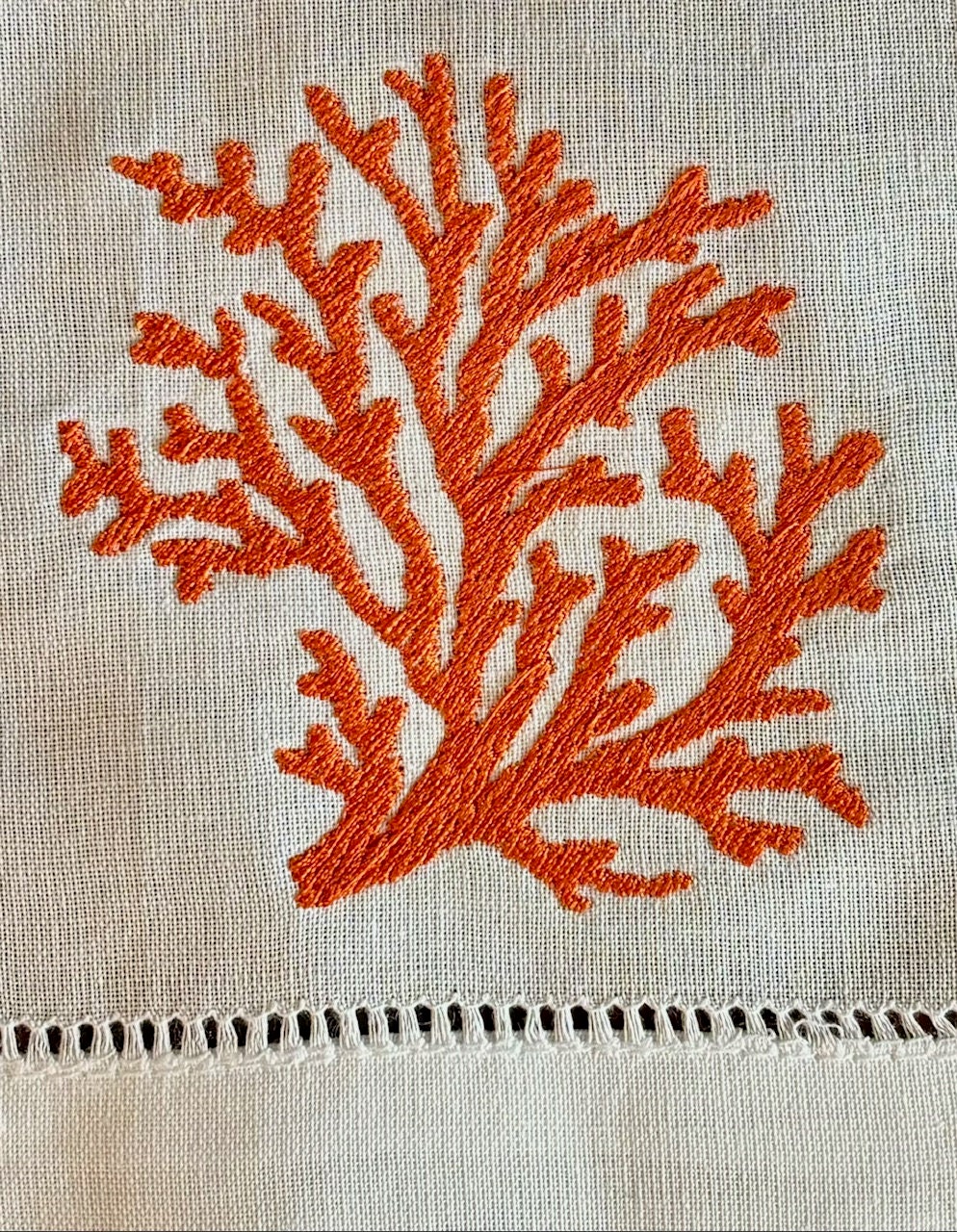 Embroidered Coral White Hem Stitched Linen Tea Towel Hand Towel
