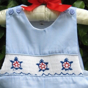 Hand Smocked Boy's Blue Striped Nautical Turtle Jon Jon Summer Outfit