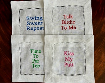 Beautiful Classic Hem Stitched White Linen Golf Saying Cocktail Napkins. Set of 4. Gift, Hostess Gift