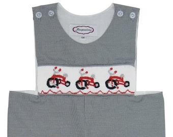 Hand Smocked Boy's Black Gingham Checked Tricycle Longall Jon Jon Outfit