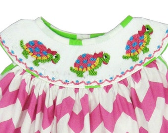 Hand Smocked Girl's Pink Chevron Turtle Sundress Summer Dress