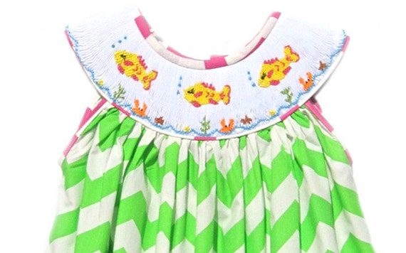 Hand Smocked Girl's Green Chevron Fish Dress Summer Sundress - Etsy