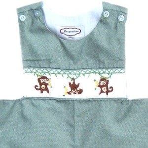 Hand Smocked Boy's Green Gingham Checked Swinging Monkeys Longall Jon Jon Outfit