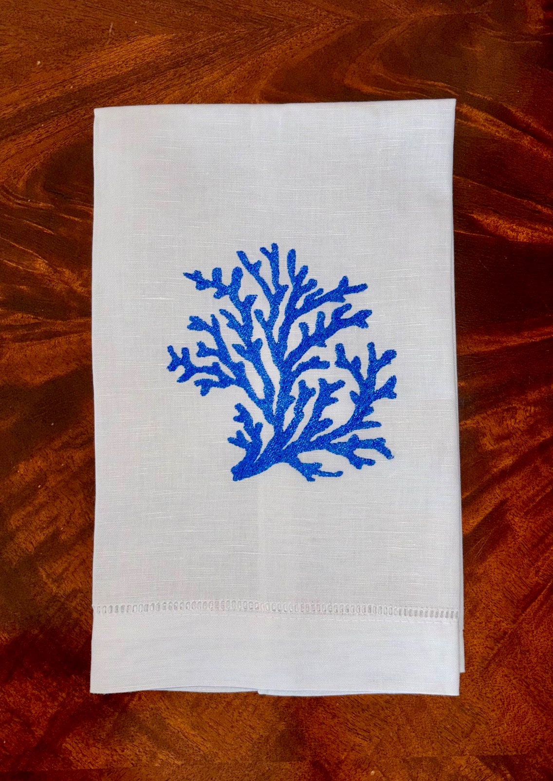 Embroidered Coral White Hem Stitched Linen Tea Towel Hand Towel