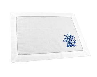 Hem Stitched White Linen Embroidered Coral Placemats 14" x 20" Set of 6