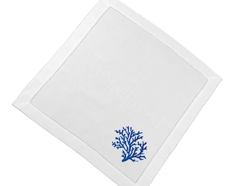 Hem Stitched White Linen Embroidered Coral Dinner Napkins 20" x 20" Set of 6